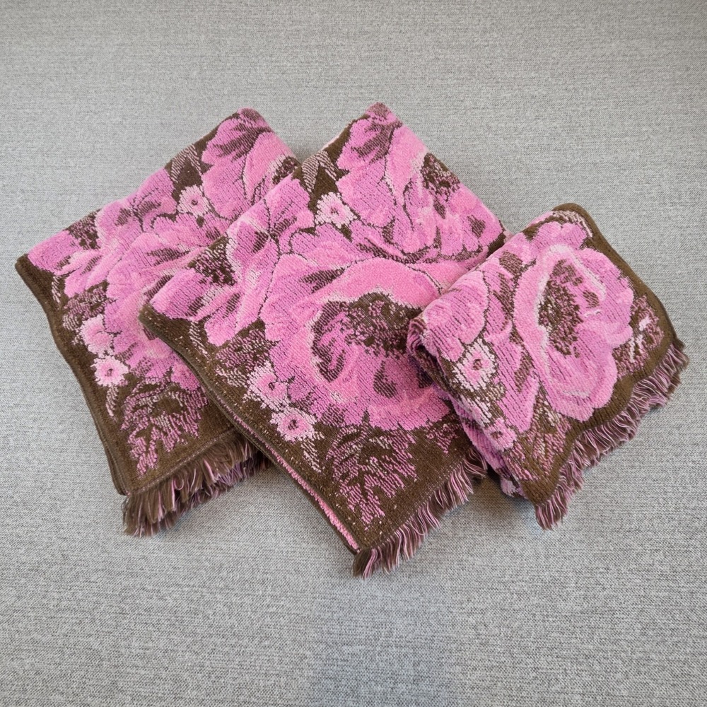 Set Of 3 Vintage Bath & Hand Fieldcrest MCM Pink & Brown Floral Fringe Towels